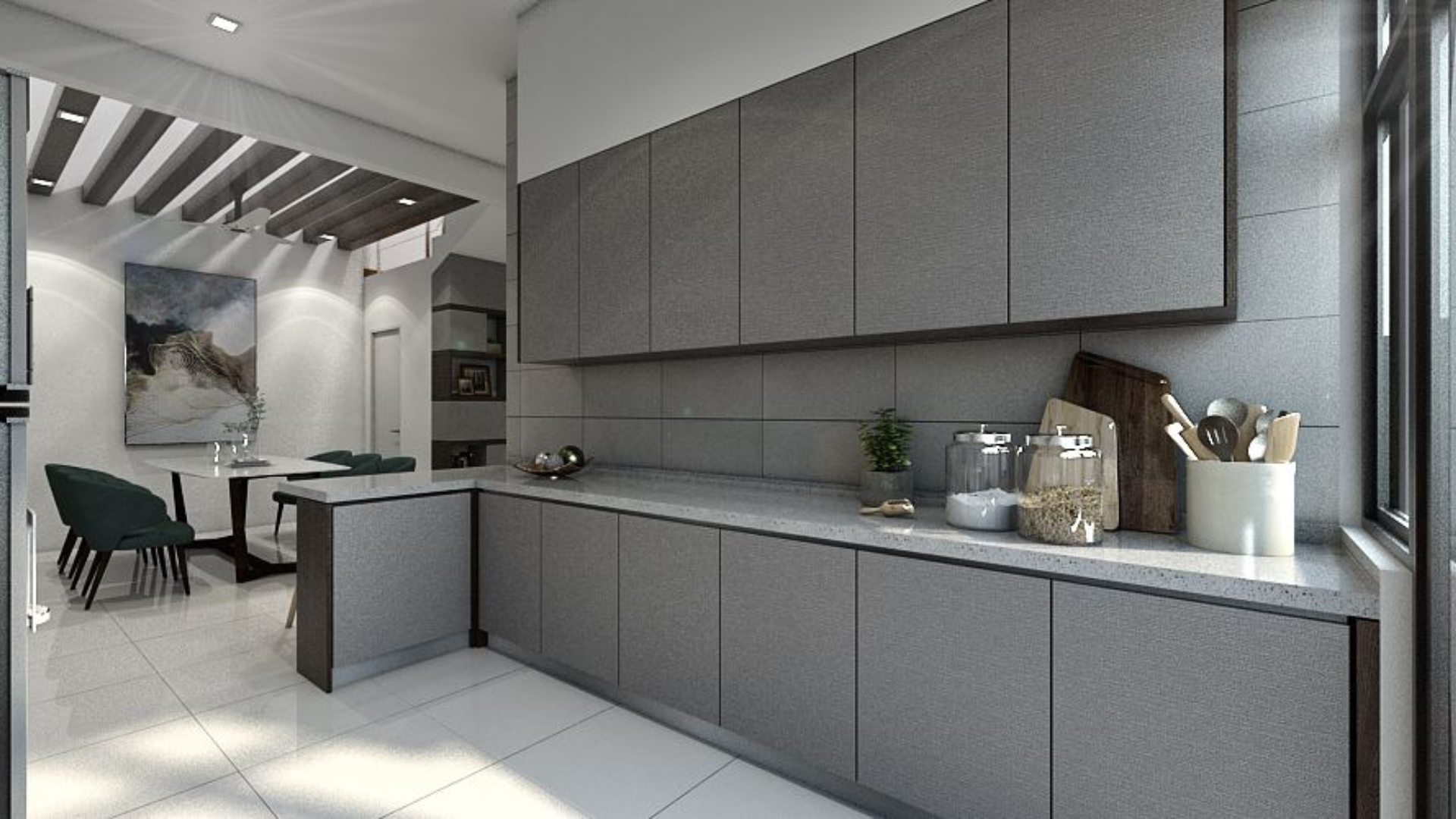 Wooden Kitchen Cabinets In Grey Color Theme