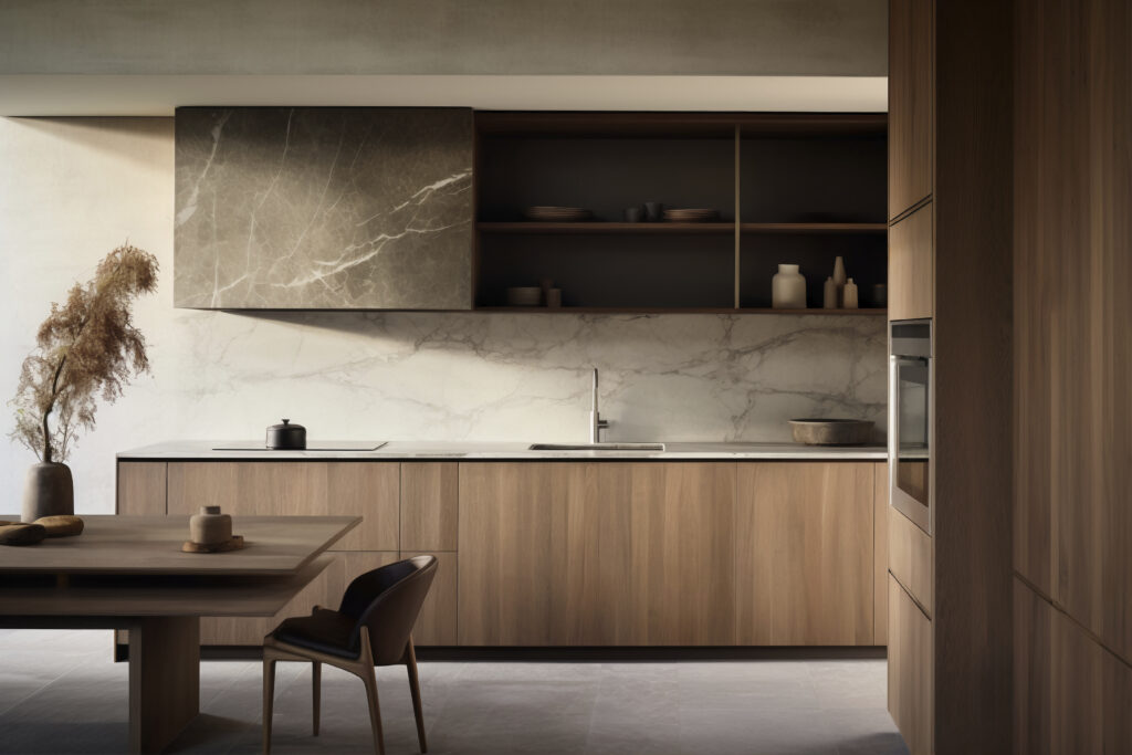 curved plywood, sintered stone, cabinet, countertop